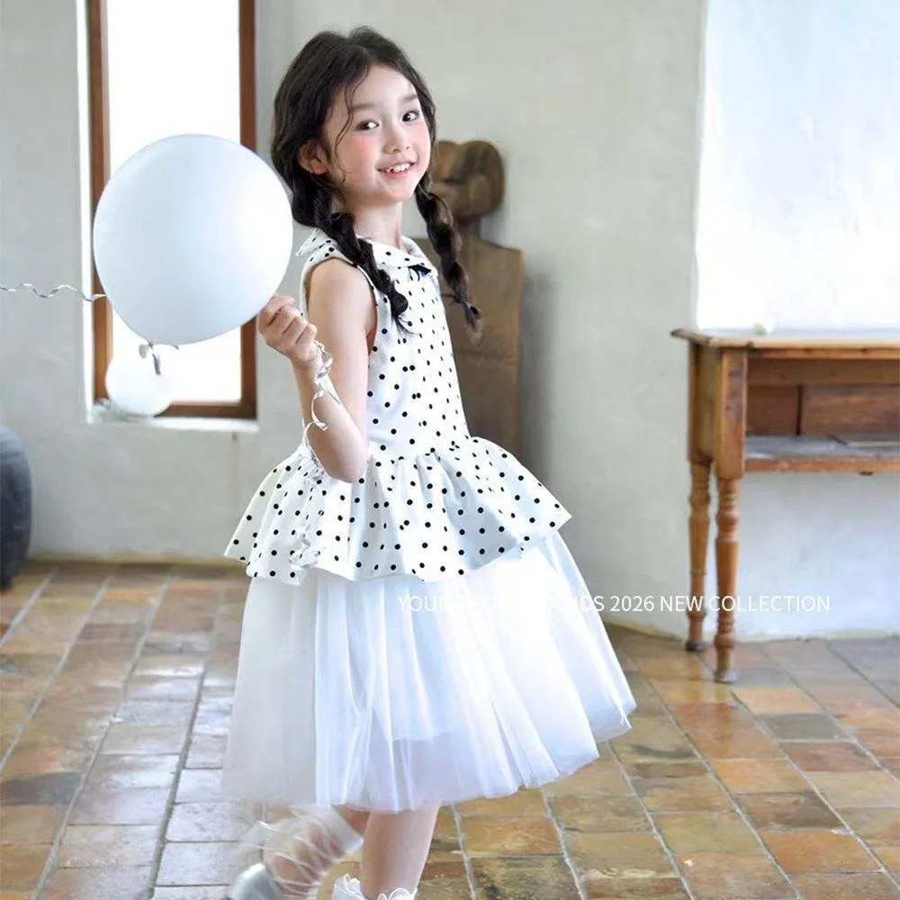 

Kids Girls Sleeveless Polka Dot Dress, Peter Pan Collar with Bow Detail & Tulle Underskirt Fashionable and Cute Princess Outfit