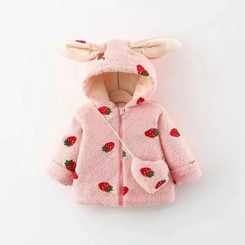 Kawaii 1-3 Years Newborn Baby Girls Winter Jacket Thick Plus Velvet Hooded Toddler Coat For Kids Children's Outdoor Clothing