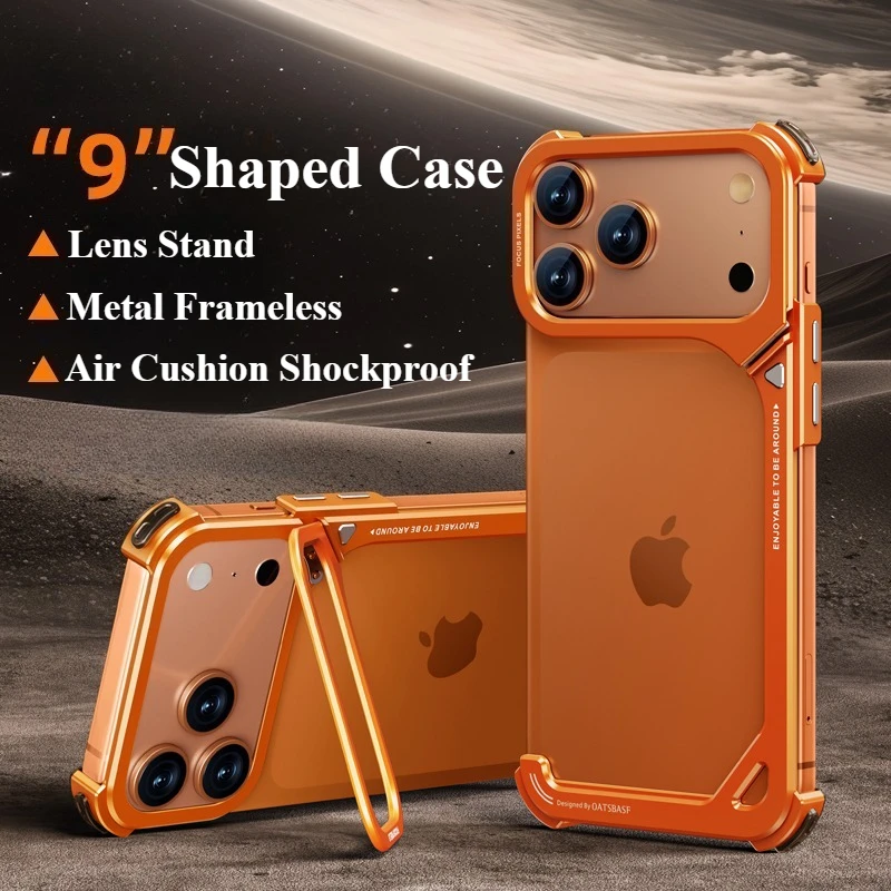 Eary 9-Shaped Phone Case for iPhone 18 17 Pro Max for Magsafe With 90° Lens Holder Stand Metal Frameless Bumper Anti-Drop Shells