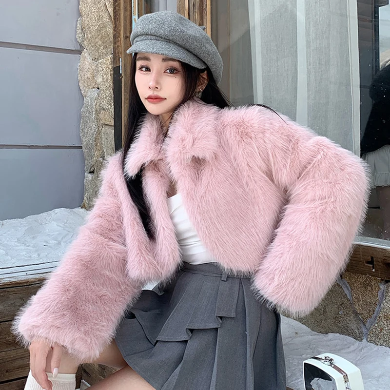 Women Faux Fur Crop Coats Small Fragrance Hairy Long Sleeve Thick Warm Jacket Y2K Streetwear Hottie Harajuku Autumn Winter Tops