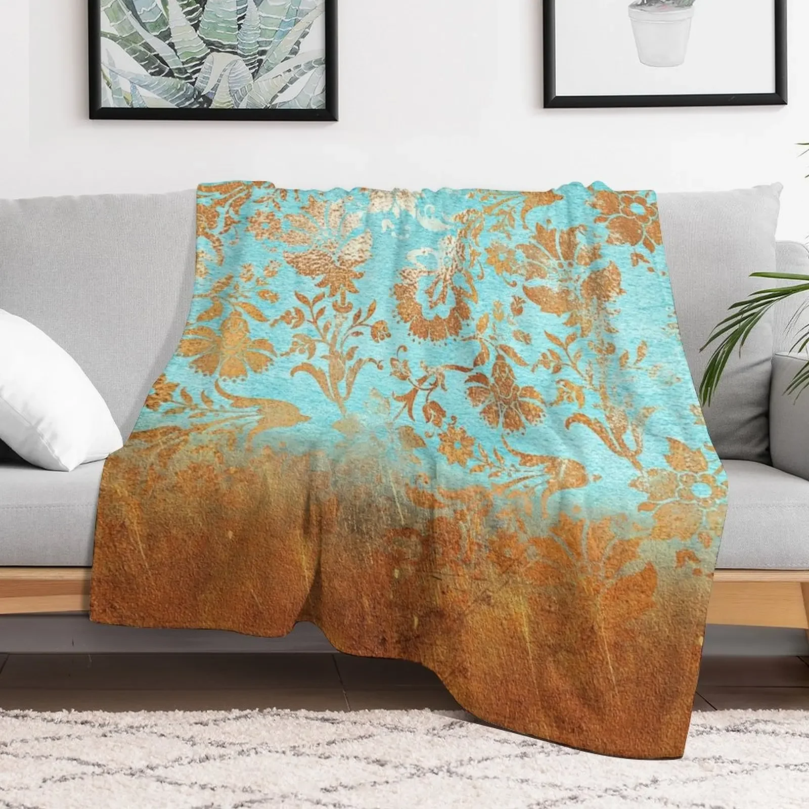 Turquoise Glamour Faux Copper Gatsby Damask Throw Blanket All Weather Soft Throw Blanket for Sofa