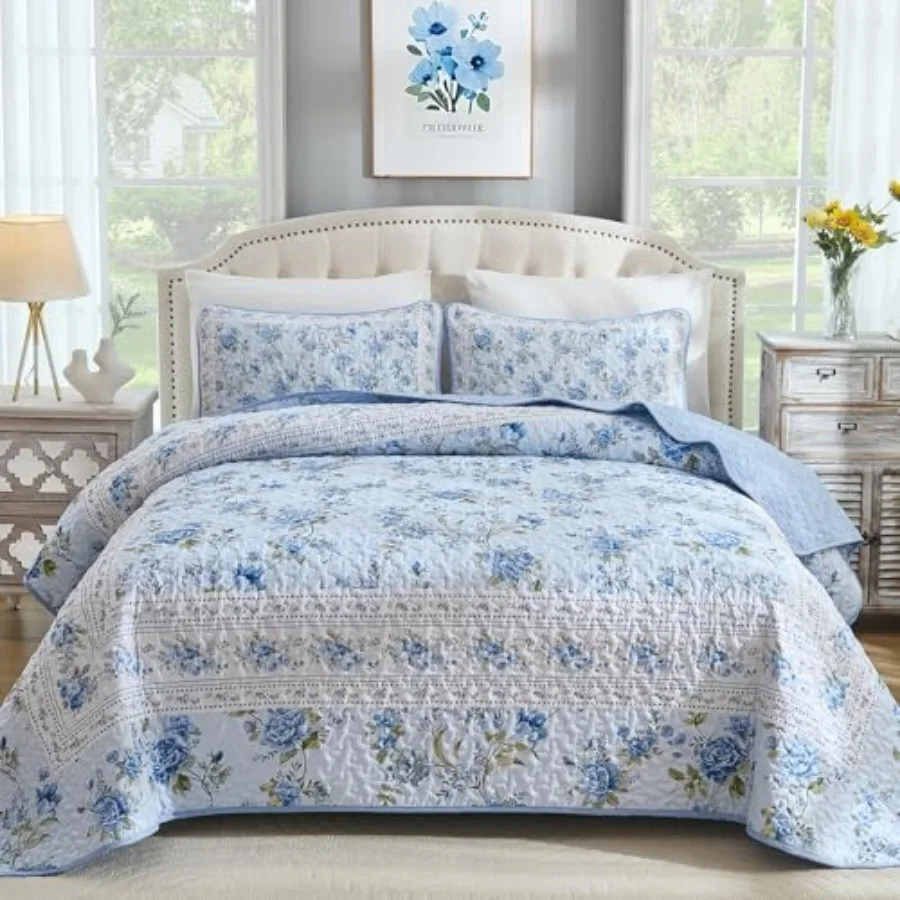 

Quilt Set Queen Size 3PCs Antique Rose Bedspread Coverlet Set Lightweight Soft Microfiber Floral Quilt Set with 2 Pillowcases f