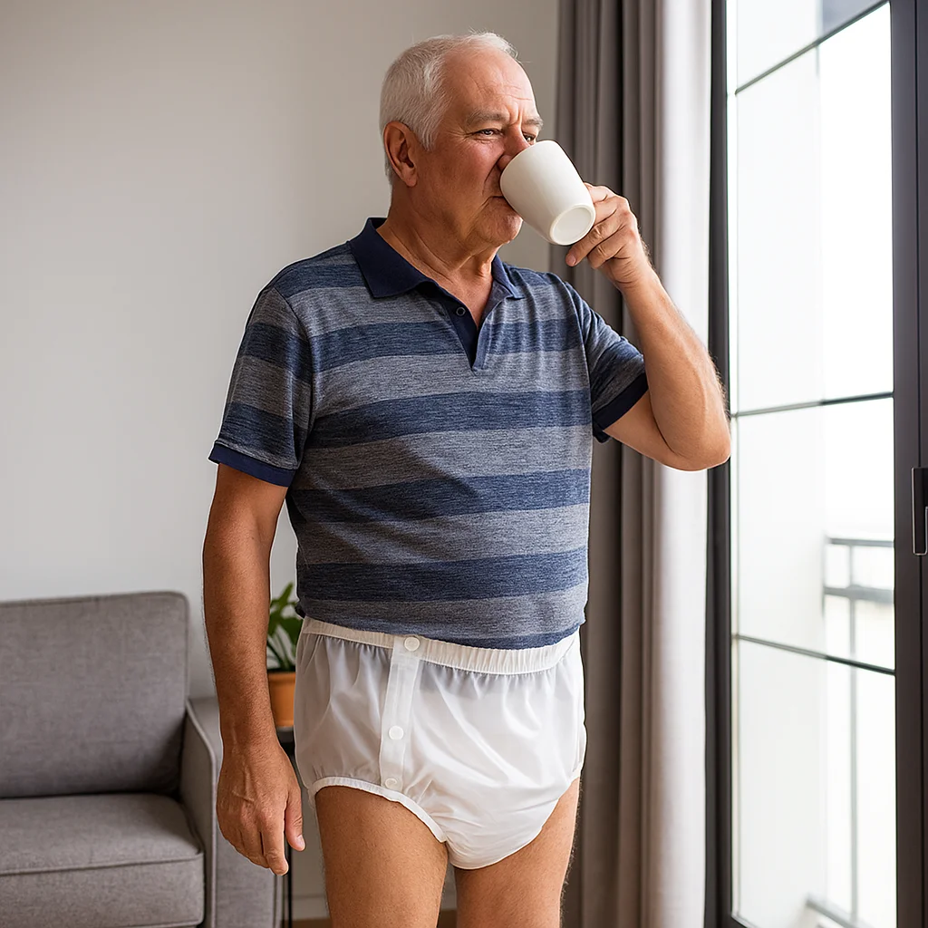 กางเกงผ้าอ้อมสำหรับผู้ใหญ่แบบกันน้ำ TPU ดีไซน์กระดุมแป๊ก สามารถเปิดปิดได้ง่าย ทำความสะอาดง่าย เหมาะสำหรับผู้มีภาวะกลั้งปัสสาวะไม่รับตัว  แบบโปร่งแสง ใช้เป็นชุดคลุมสำหรับว่ายน้ำได้