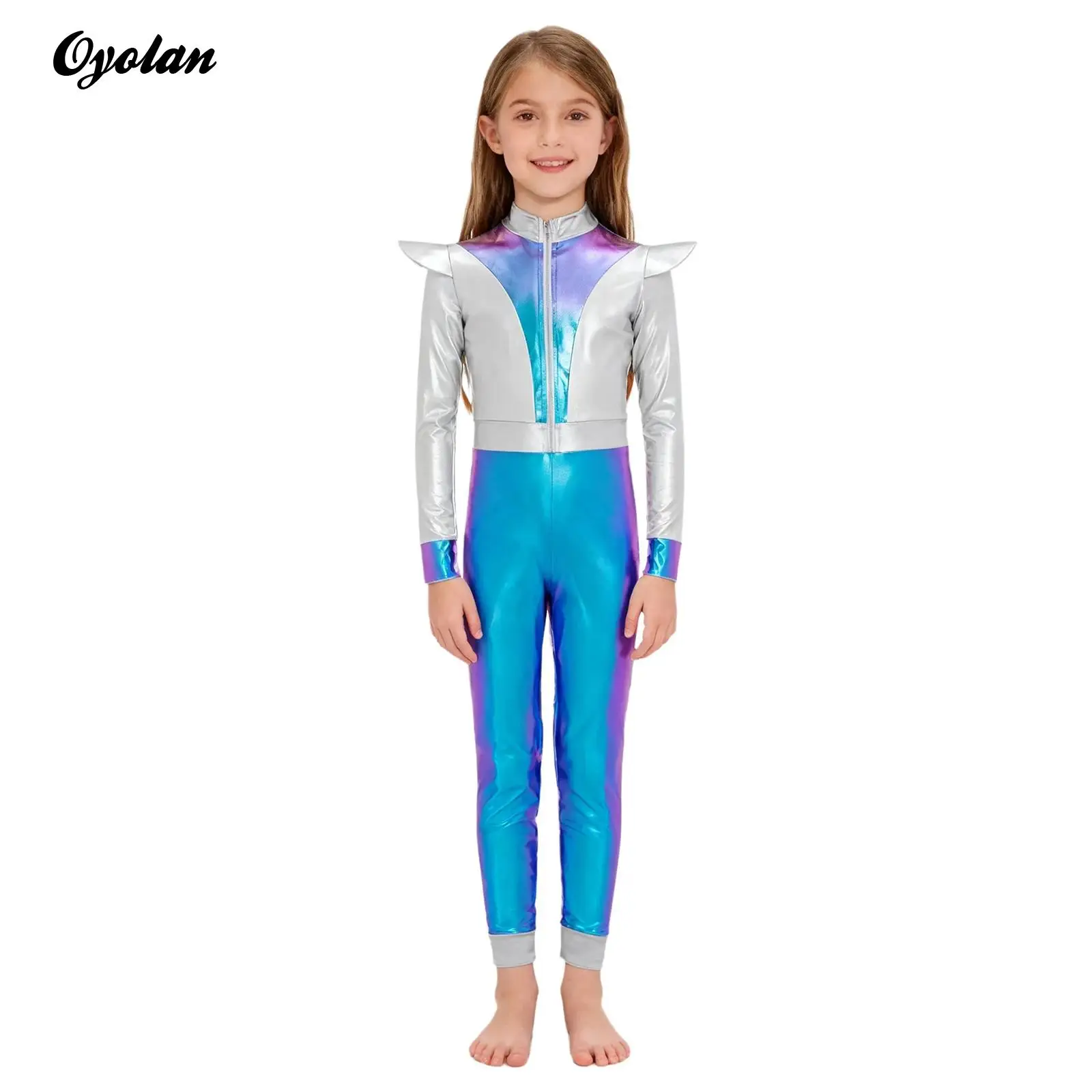 

Girls Alien Outer Space Halloween Cosplay Costume Front Zip Long Bodysuit Shiny Metallic Space Cadet Cutie Roleplay Costume