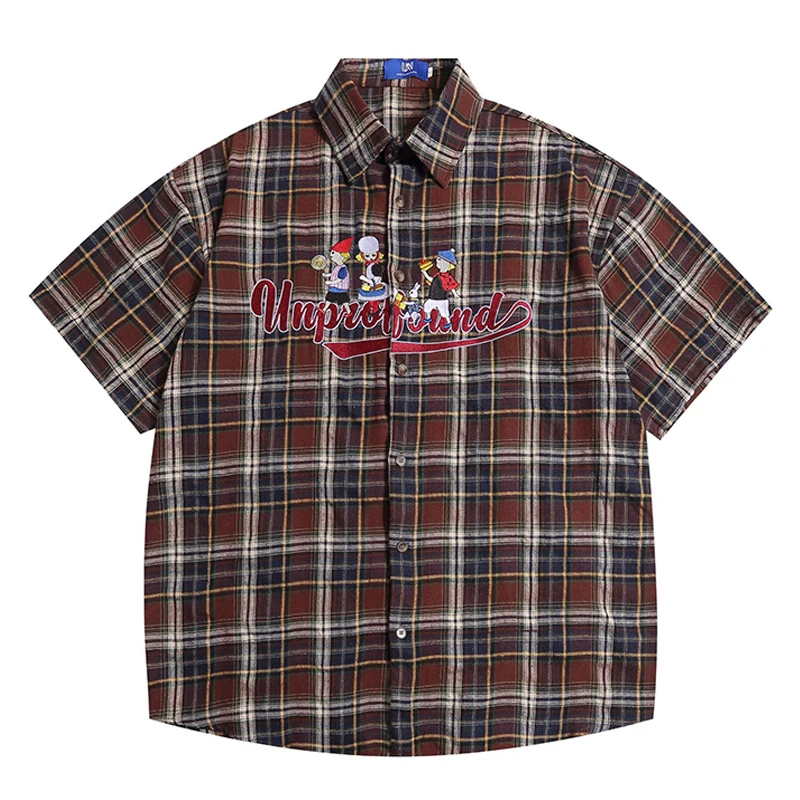 Cartoon Embroidery Loose Safari Short Sleeve Shirt Mens Summer Streetwear Lapel Casual Plaid Couple Shirt Men Clothing Tees Tops