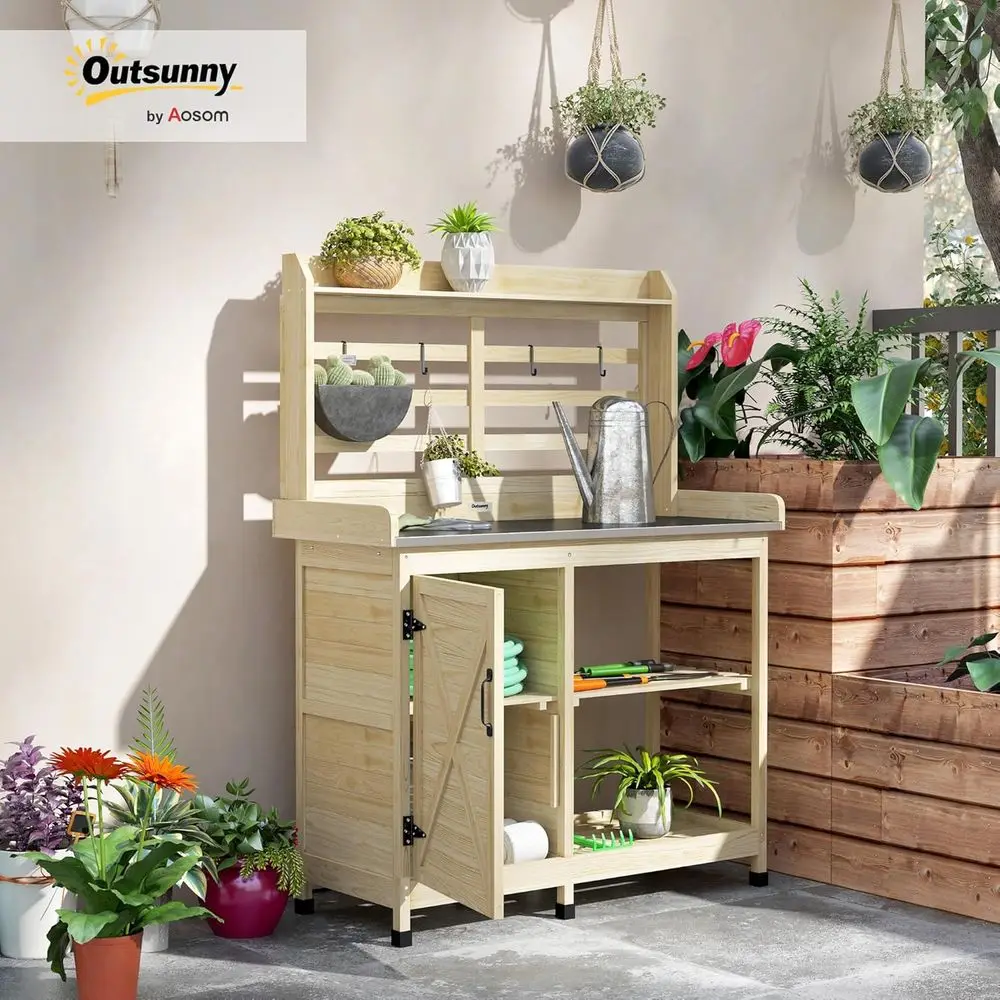 Outdoor Wooden Potting Bench Table w/Sink, Water Tap, Natural | Garden Workstation, Storage Cabinet, Storage Shelves, Backyard,