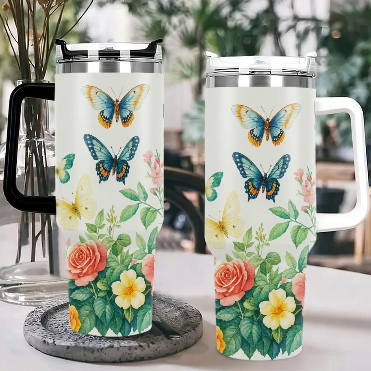 1pc 40oz 2nd Generation Handle 3rd Generation Lock Cap Insulated Stainless Steel Tumbler Lid and Straw - Vibrant Butterfly & Floral Design Double Vacuum Insulation Reusable Car C