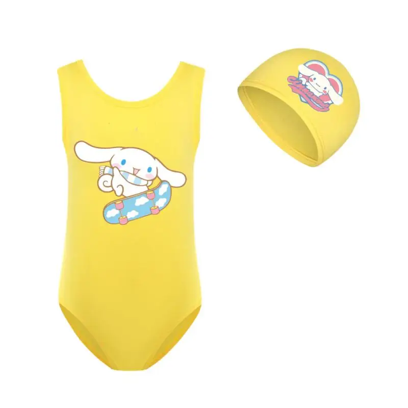 Dziewczyny Anime strój kąpielowy Cinnamoroll zestaw czepków Cartoon stroje kąpielowe słodkie w stylu księżniczki letnie wakacje na plaży zestaw Bikini szybkoschnący prezent