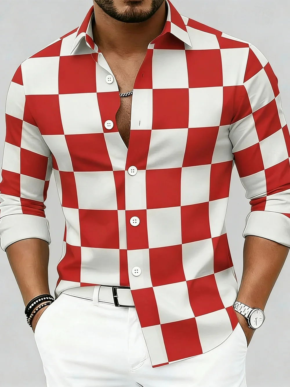 

Men's Long Sleeve Lapel Shirt 2026 Spring Summer Spliced Checkered Printed Business Casual Comfortable Outerwear