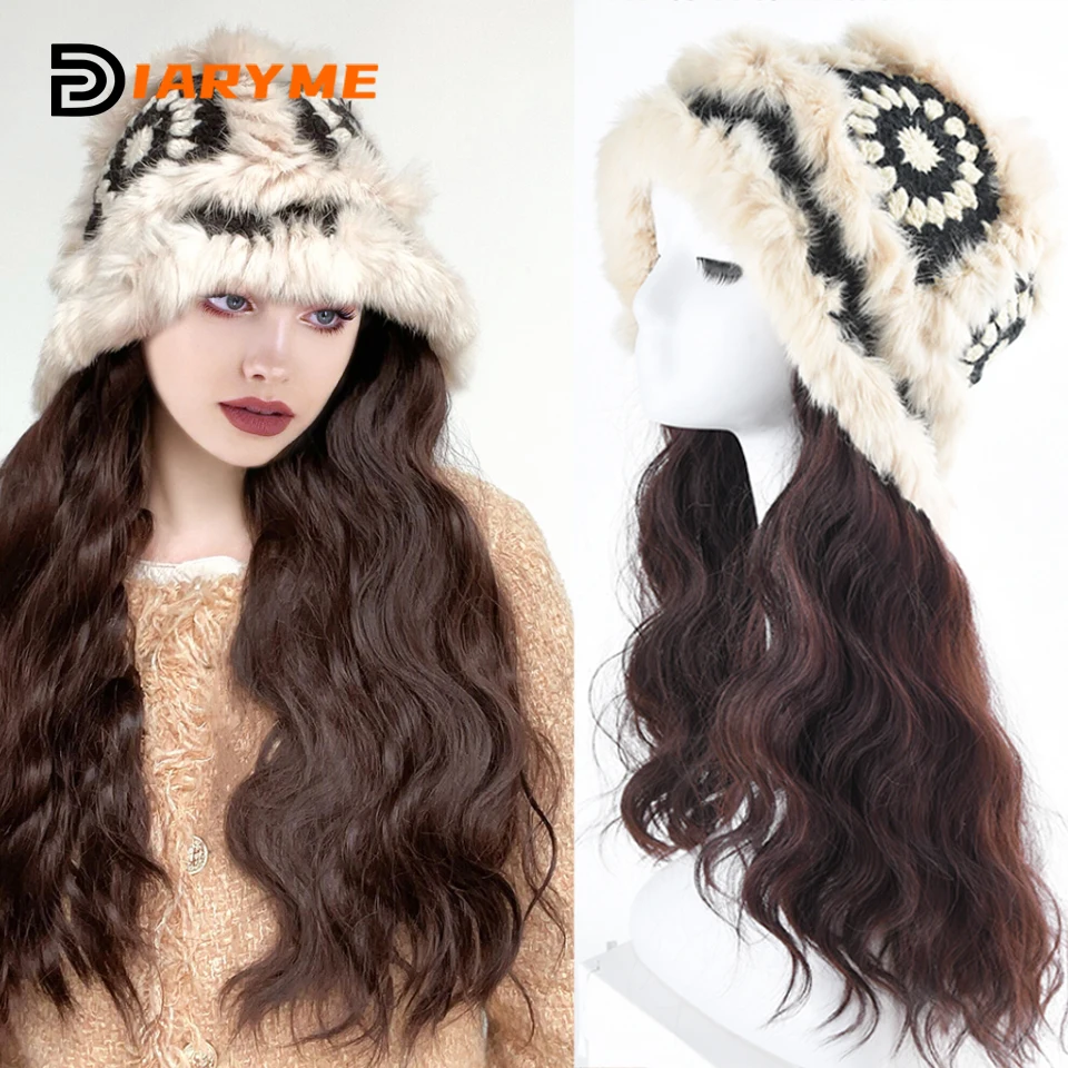 Synthetic Knitted Hat Wig Beanies Hat With Hair Wigs For WomenLong Wavy Hair Warm Soft Ski Knitted Autumn Winter Cap Wig Female