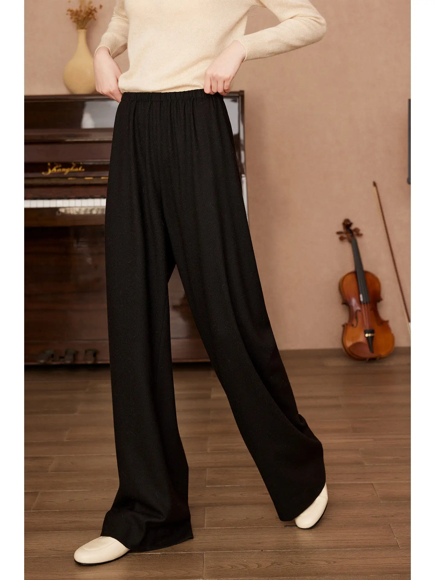 

RIZOUZH Bla Pure Wool High Waist Wide Leg Pants Ele Store Version High-End Feelings Casual Sle Ladies Trousers