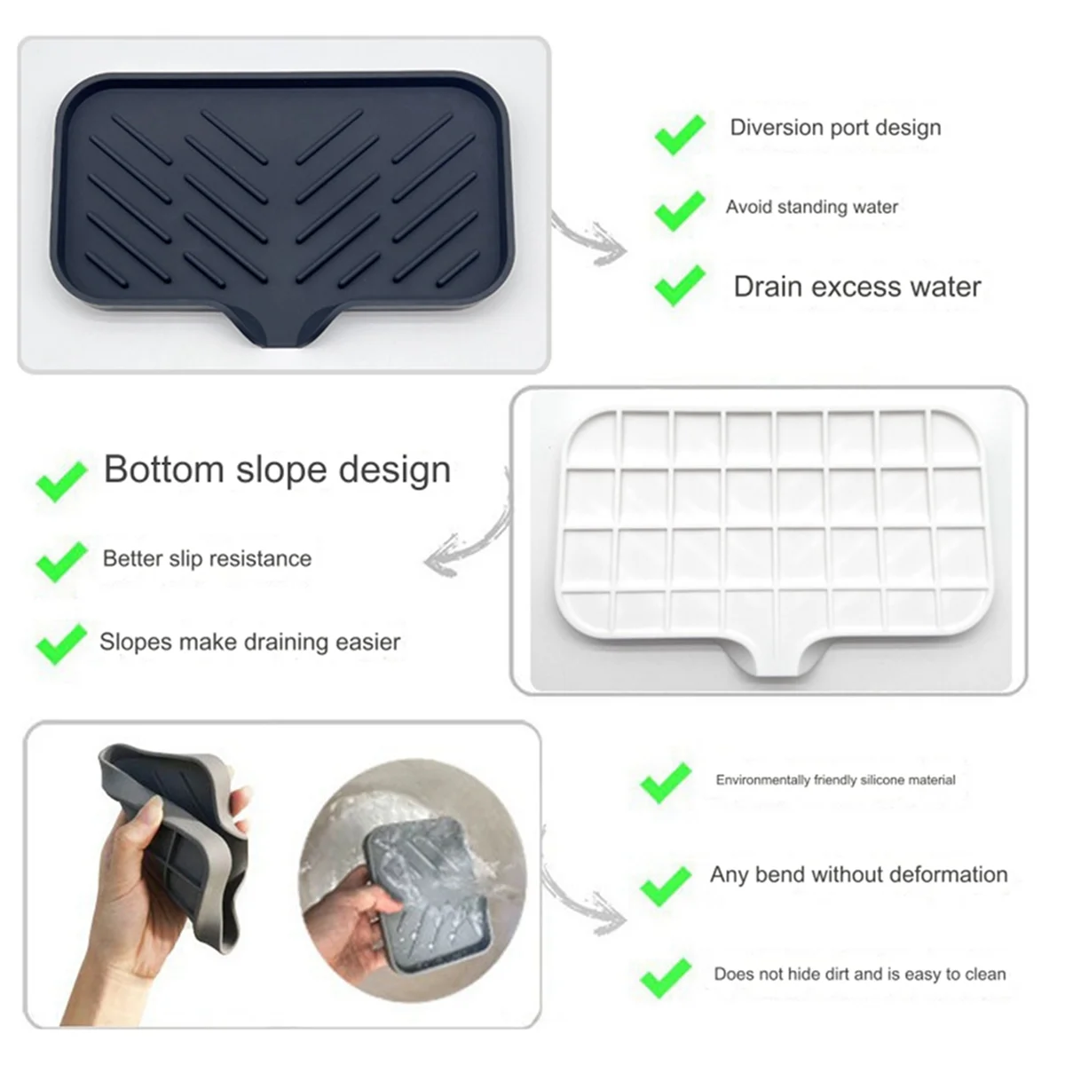 Self Draining Soap Bar Holder Silicone Kitchen Sink Soap Dish Tray Counter Organizer S White