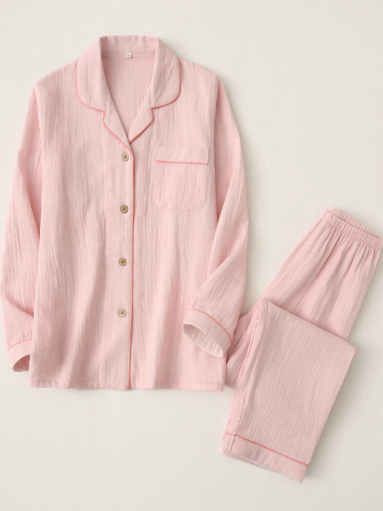 綿パジャマカップル寝間着プリーツホーム服セット女性の長袖ボタンフロントカーディガンスタイルソフトストレートレッグパンツ