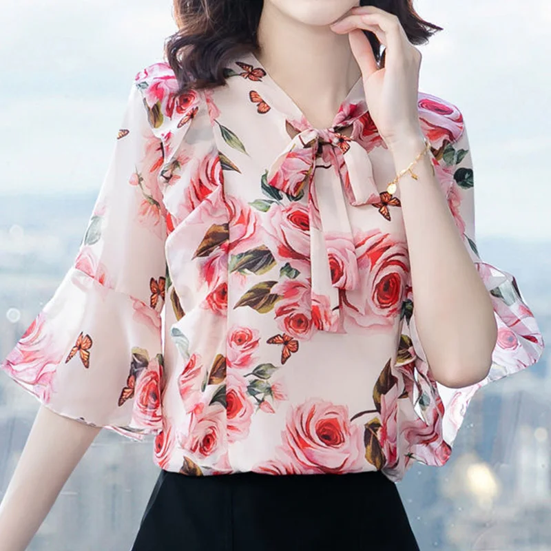 Elegant Fashion Floral Printed Bow Drawstring Chiffon Shirt Summer 2023 V-Neck Three Quarter Sleeve Slim Blouse Women\'s Clothing