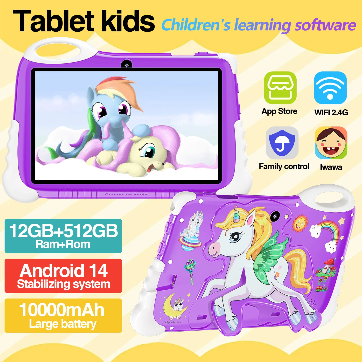 

New Kids Learning Tablet Unicorn 7inch Android14 12GB RAM 512GB ROM 16MP+32MP WiFi Bluetooth 5G 10000mAh Slim Learning Tablet PC