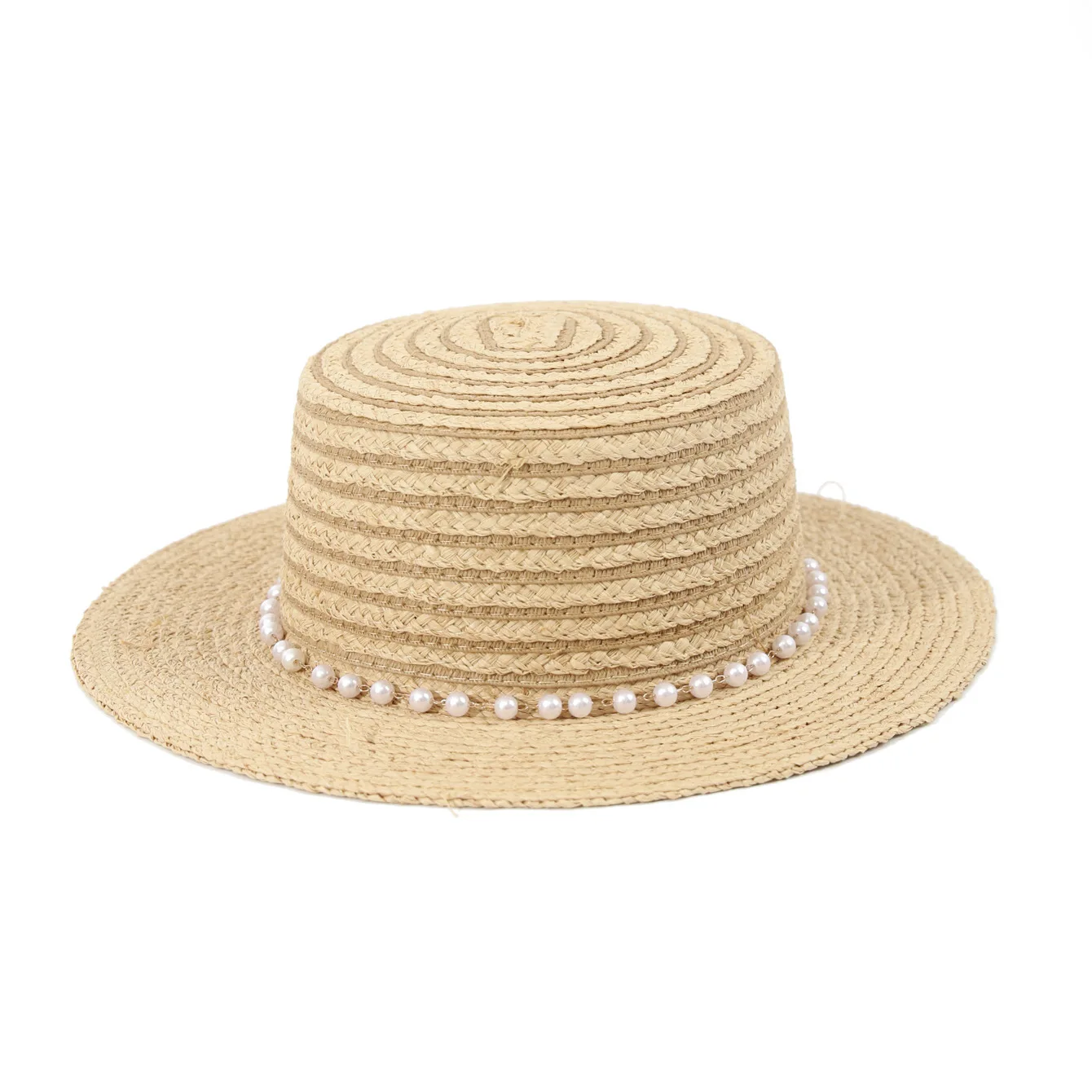 Elegant Flat Brim French Style Straw Hat Exquisite Pearl Ornament Light Portable Ideal For Holiday Photoshooting