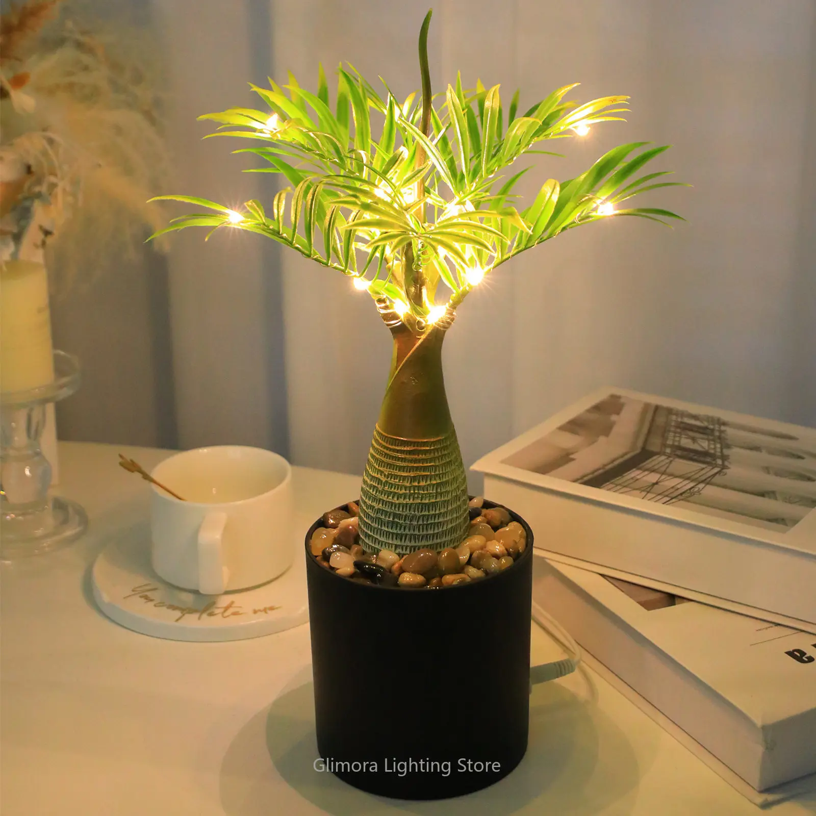 USB Glowing LED Potted Plant Night Light for Bedroom, Succulent Tabletop Decor Lamp, Colorful Fairy Light for Living Room Desk