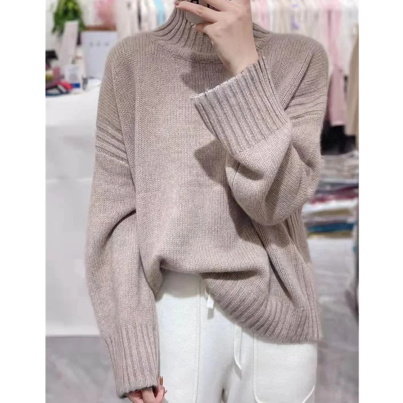 European thickened high-necked pure cashmere sweater women autumn and winter lazy loose pullover sweater wool base sweater