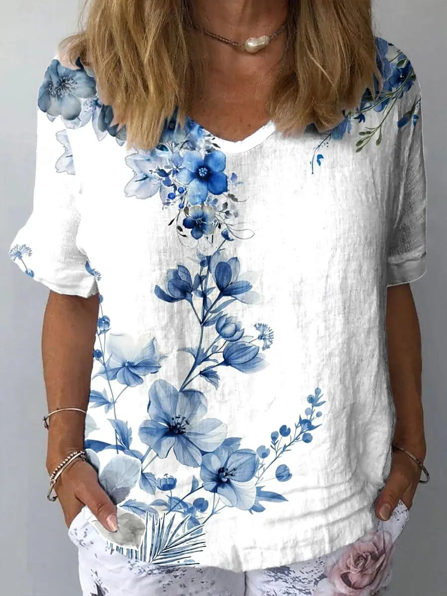 

Summer Women's T-Shirt Floral Pattern Printing Beach Style Fashion Casual Short-Sleeved V-Neck Women's Clothing