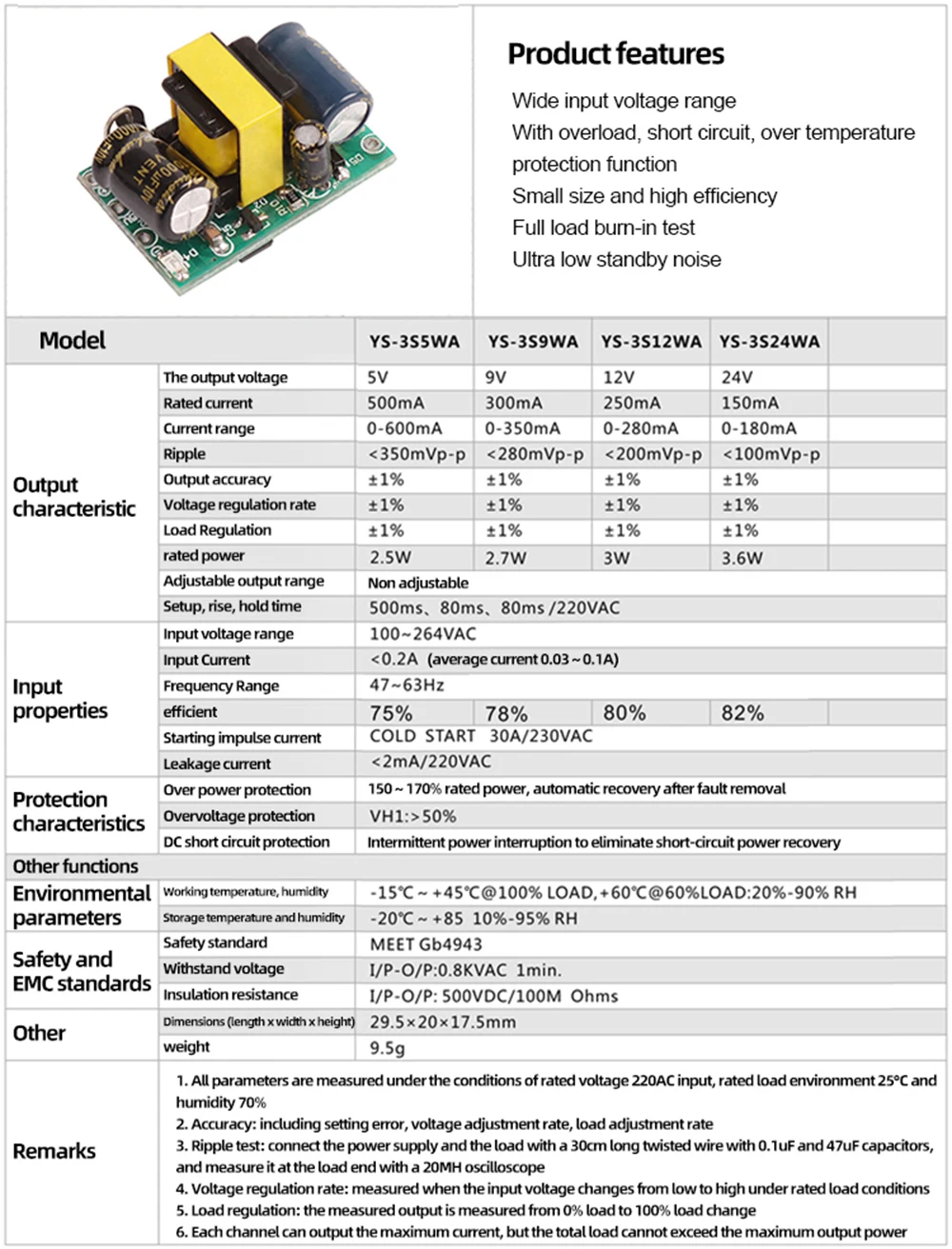 AC100-264V to 5V 2.5W / 12V 3W / 24V 3.6W Switching Power Supply Module Overload Over Temperature Protection Power Module