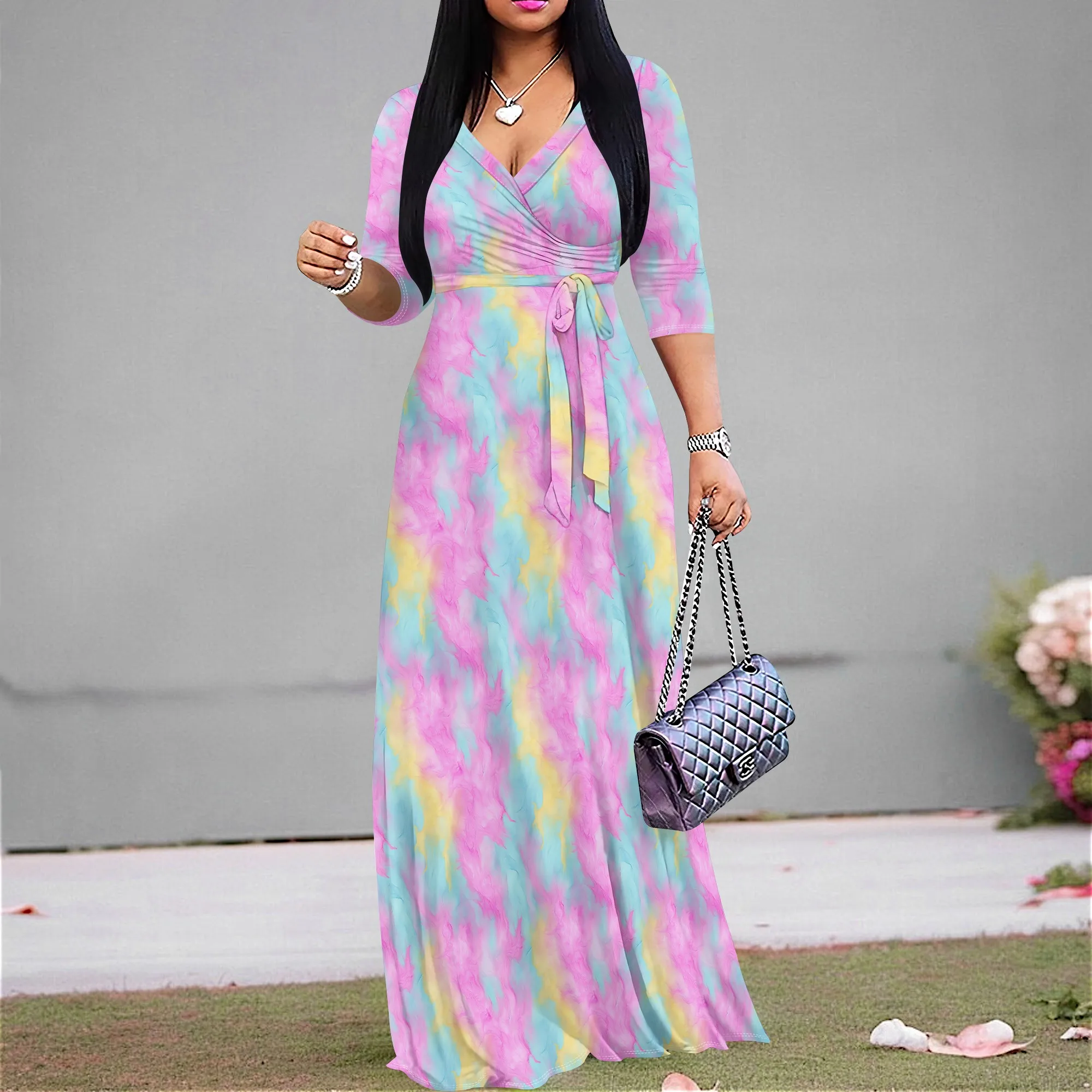

Pastel Tie Dye Maxi Dress Watercolor Gradient Print Casual Summer S-2XL Picnic Brunch Outfit