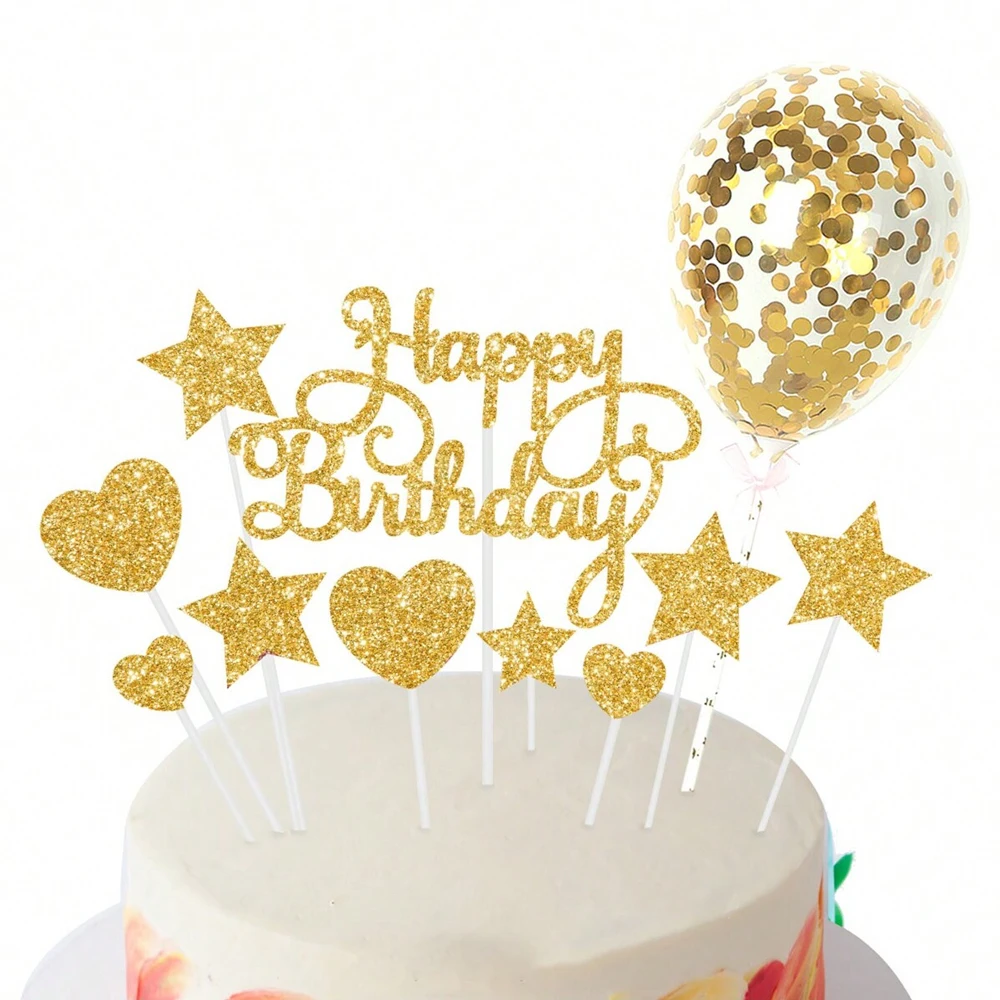 14Pcs/set Happy Birthday Cake Toppers DIY Balloon Cake Decor Star Heart Cupcake Flag for Birthday Party Dessert Decor Baking Sup