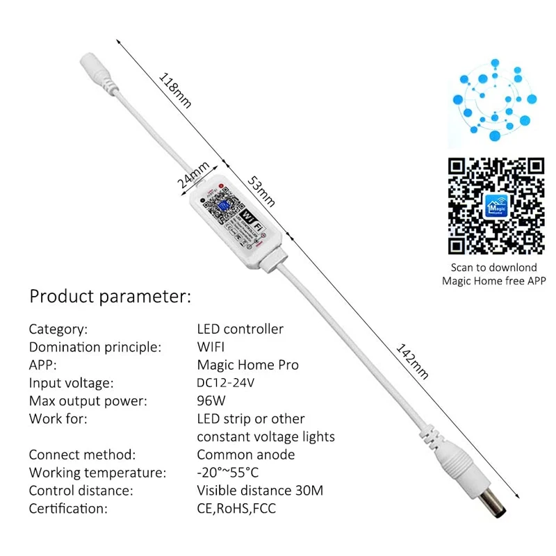 Imagem -02 - Controlador Wifi de Luz Led de Tira Magic Home de 12v e 24v com Controle por Aplicativo e Voz para Luzes de Fita Monocromáticas. Atenuador Funciona com Alexa Google Home Português Brasileiro.