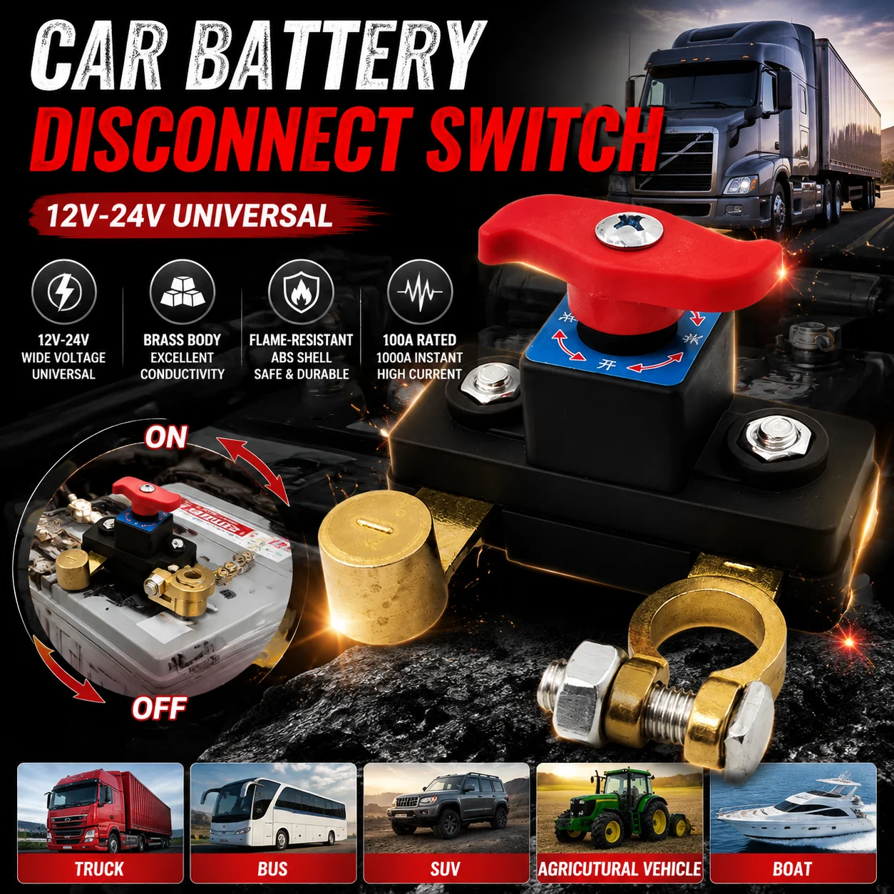 12V-24V Universal Car Battery Disconnect Switch 100A Rated 1000A Instant Current Flame Resistant ABS Shell Battery CutOff Switch