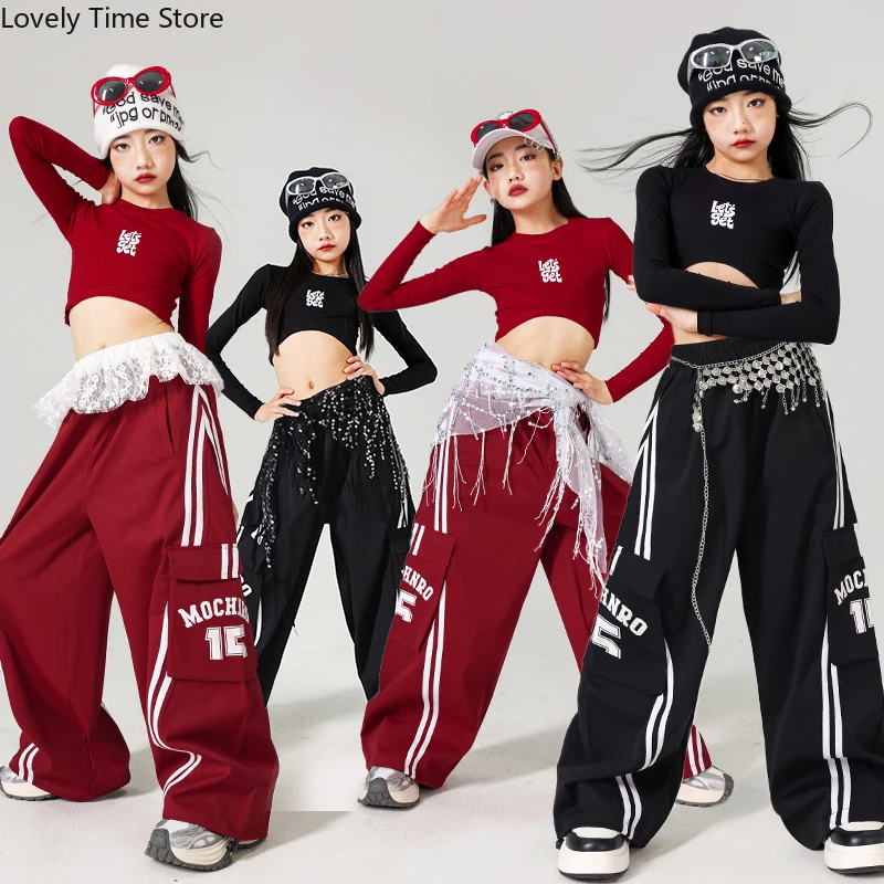 

K-pop Girls Sweet Crop Top Street Dance Sport Cargo Pants Children Hip Hop Streetwear Kids Jazz Girl Group Costumes Clothes Sets