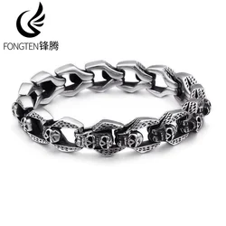 Fongten 22cm Punk Men Bracelet Stainless Steel Skull Wristband Charm Chain Bracelets Bangle Silver Color Gothic Jewelry