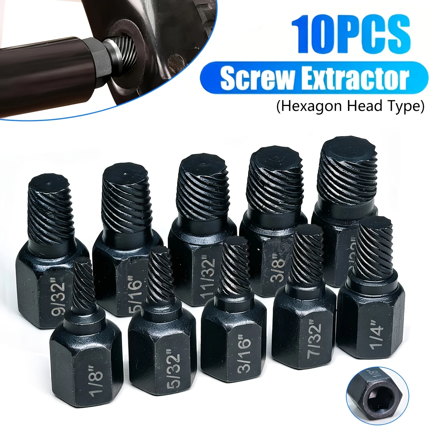 Heavy Duty Hexagon Head Bolt Extractor Set, 10pcs Easy Out Screw Extractor Kit, Quick Broken Stud And Damaged Screw Remover Tool