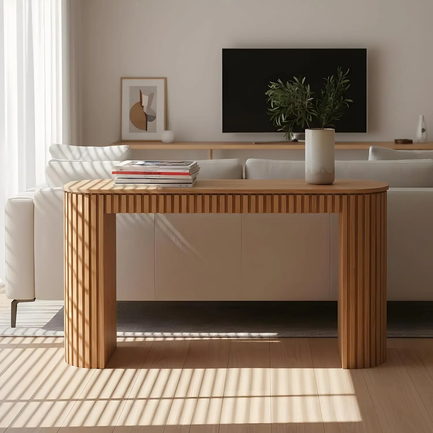 Wood Fluted Console Table with Drawer, Narrow Sofa Table, Oval Entry Table for Living Room Hallway, 59 inch, Customized view 4