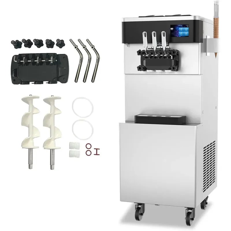 Commercial Ice Cream Machine 110V 2450W 3 Flavors Soft Serve Ice Cream Machine 5.3 to 7.4 Gallons/H Auto Clean LCD Touch