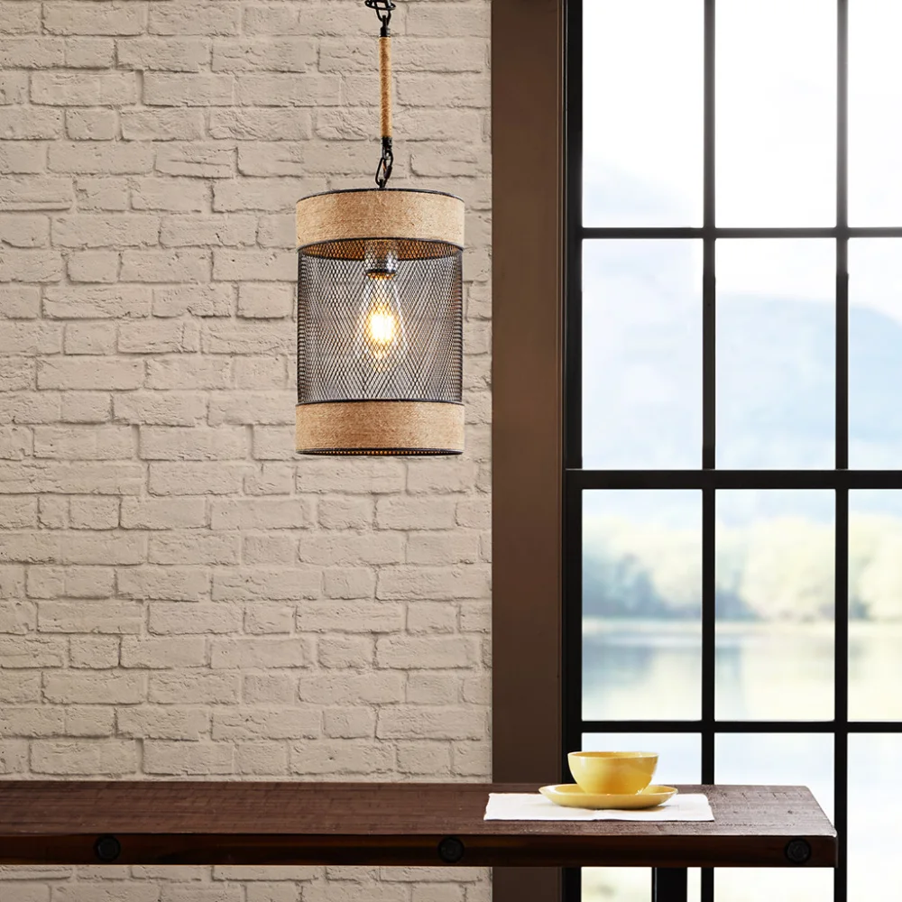 Natural Rope and Metal Mesh Cylinder Pendant,Industrial style pendant made from mixed material