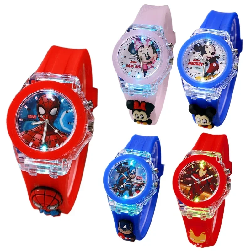 Disney Mickey Mouse Kids Watch Silicone Strap Color Light Glowing Anime Spidermans Student Quartz Watches Boy Girl Birthday Gift