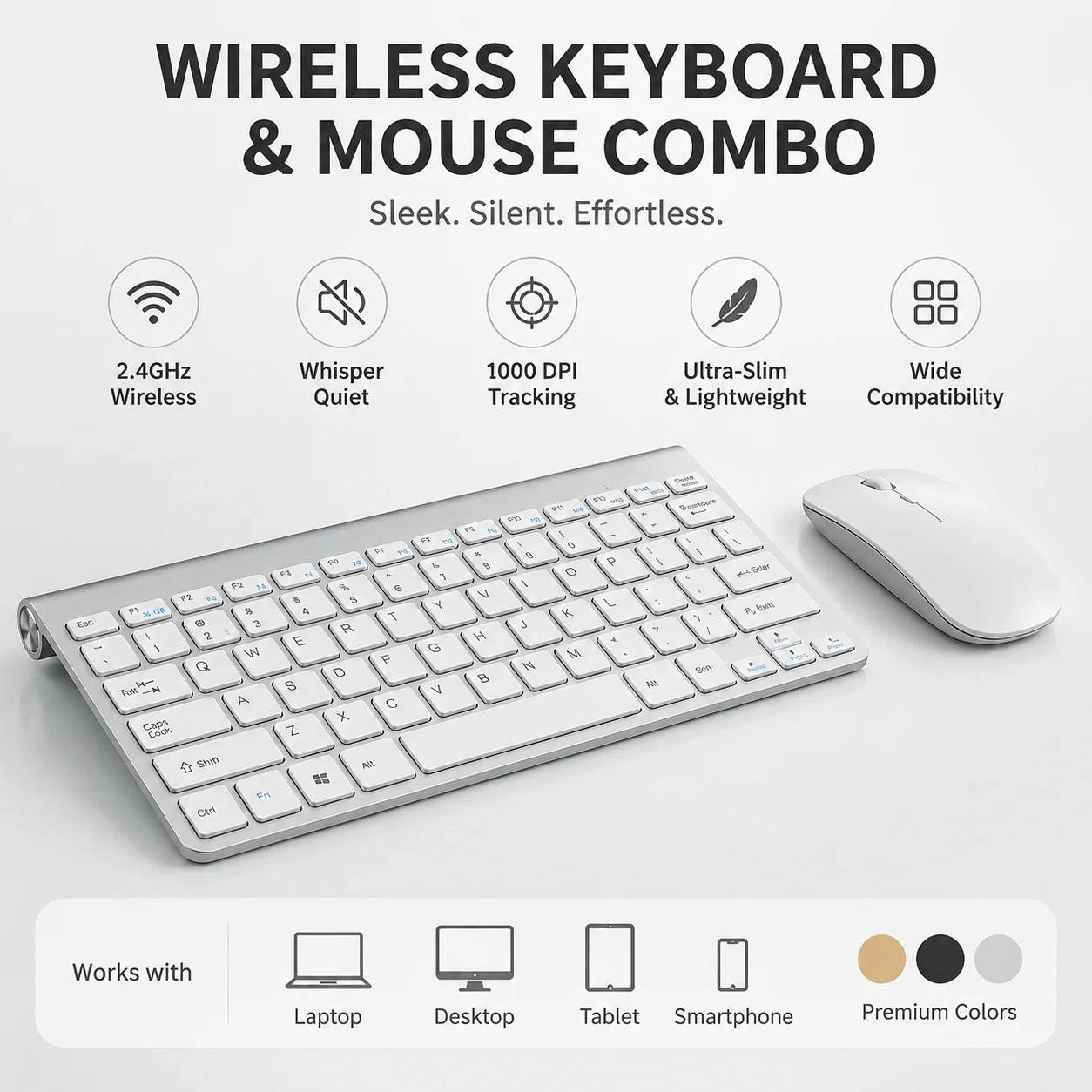 2.4G Wireless Ultra-Slim Silent Click Keyboard and Mouse Combo Office Lightweight Keyboard Set For PC Computer Laptop Tablet - view 5