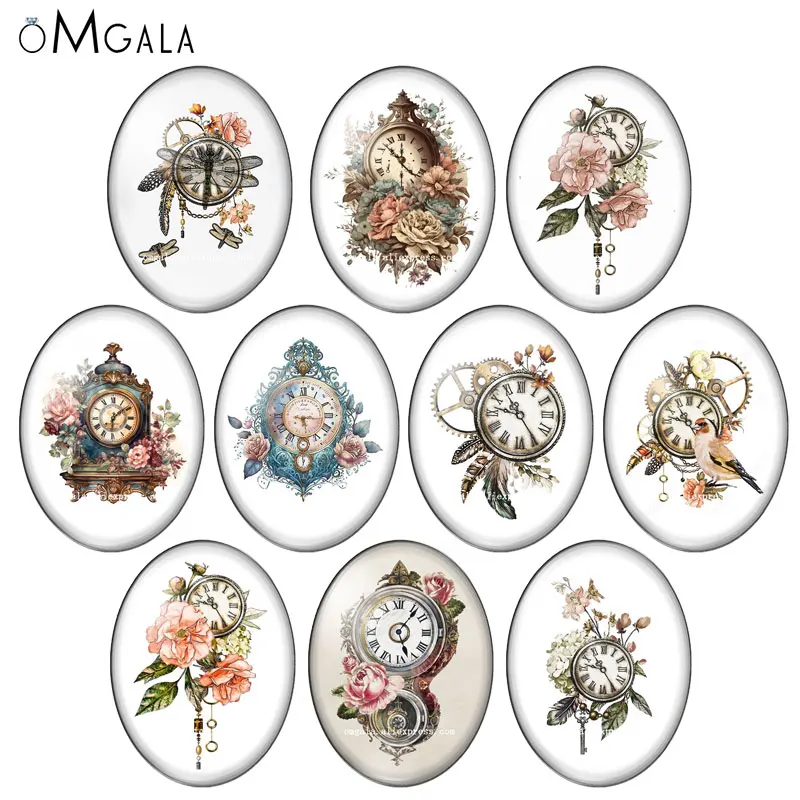 Retro Vintage Flower Wall Clock Patterns 10pcs 13x18mm/18x25mm/30x40mm Oval photo glass cabochon demo flat back Making findings