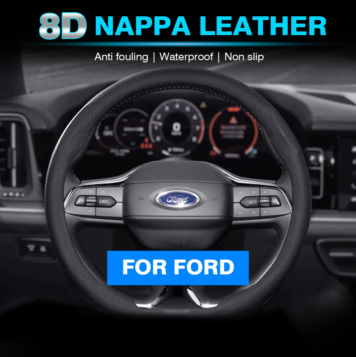 

8D Nappa leather Car Steering Wheel Cover For Ford Mondeo Focus Raptor Puma Edge Explorer Ranger Fusion Kuga Auto Accessories