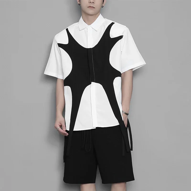 S-6XL 2024 New Men Women Clothing Yamamoto Style Geometric Design Color Contrast Stitching Shirt Lovers Plus Size Costumes