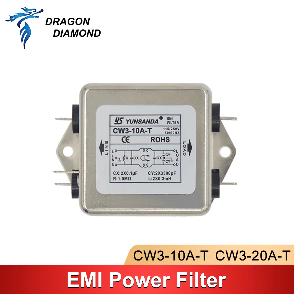 DRAGON DIAMOND Power EMI Filter Single Phase Power HONGDA filter AC 115V / 250V 10A 20A 50/60HZ For Laser Engraver