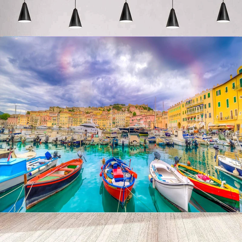 Medieval Italy Coastal Town Photography Backdrop Europe Island Tuscany Colorful House Wooden Boats Background Europe Travel