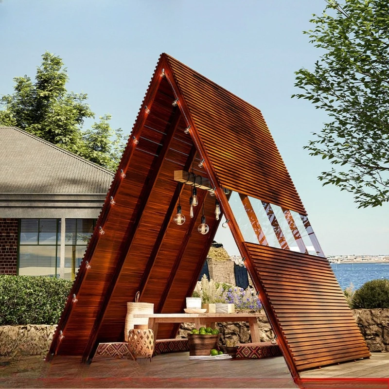 Outdoor scenic triangle log cabin assembly courtyard shading tea shed sun room roof garden pavilion rooftop tent