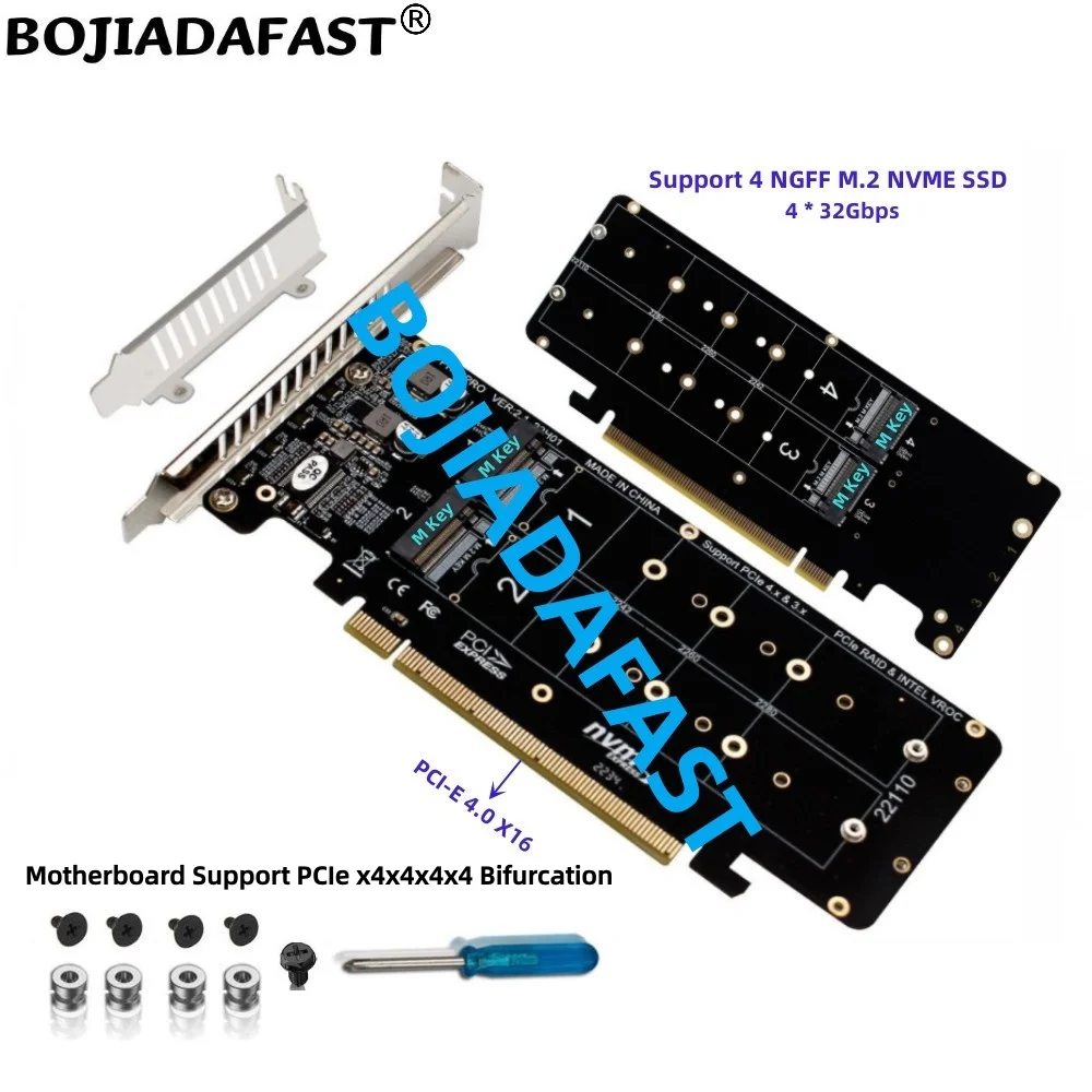 PCI-E 4.0 16X To 4 * M.2 Key-M SSD Adapter Expansion Card for 2280 22110 M2 NVME SSD MB Support PCIE x4x4x4x4 Bifurcation
