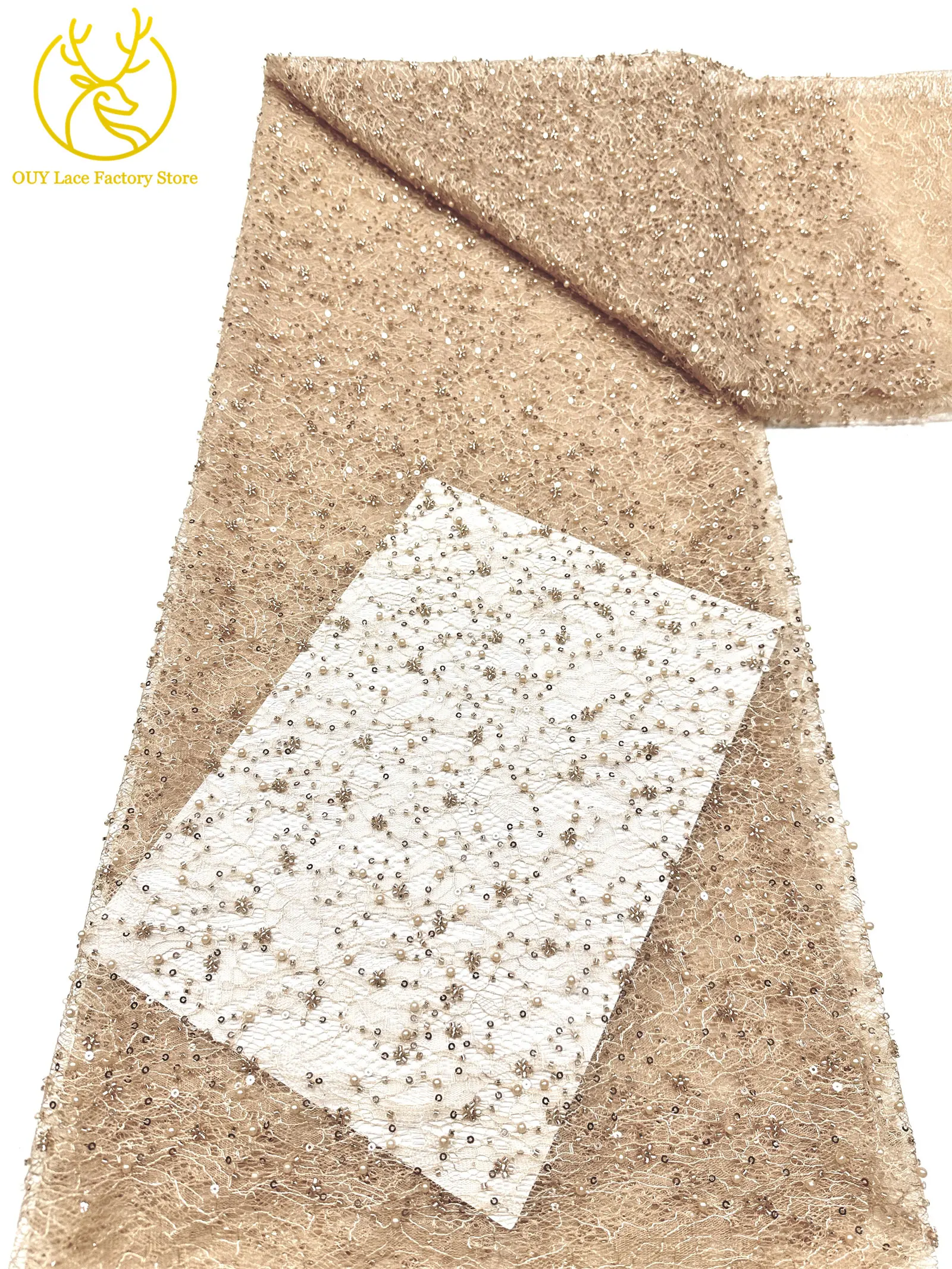 Kaffeebraune französische Tüllspitze mit Pailletten, 5 Yards, hochwertige afrikanische Spitze, nigerianischer Perlenstickerei-Spitzenstoff zum Nähen von Damen-Abendkleidern – Detail 21