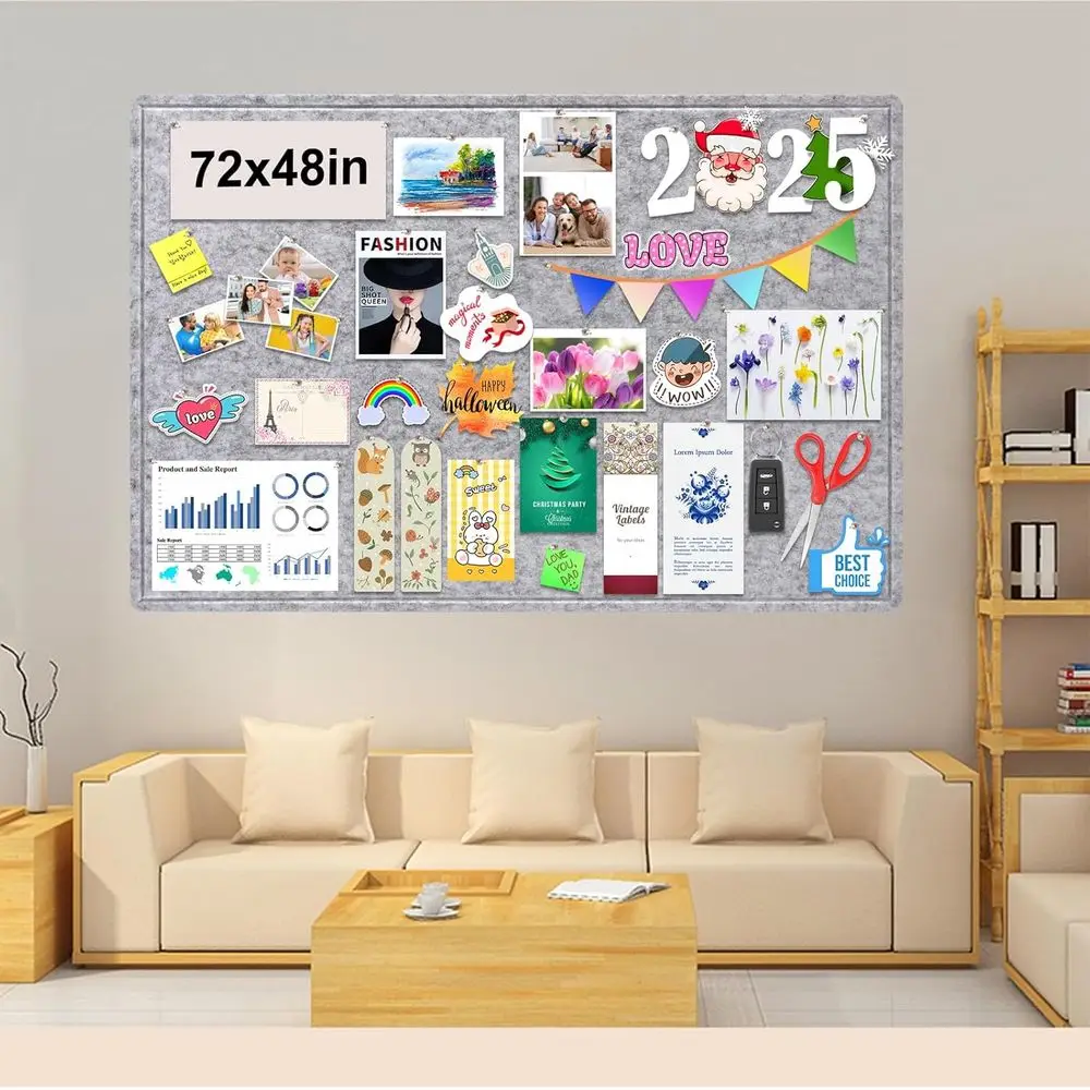 72x48 Inch Foldable Felt Wall Board, Self-Adhesive Photo Display with 36 Pushpins, Light Gray Decorative Pinboard