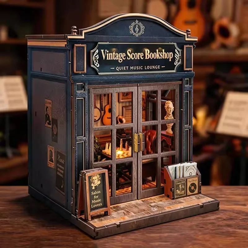 DIY Miniature Book Nook Kit Vintage Score Bookshop Wooden Bookshelf Insert Bookend Handmade Assembly Model Decorative Accent