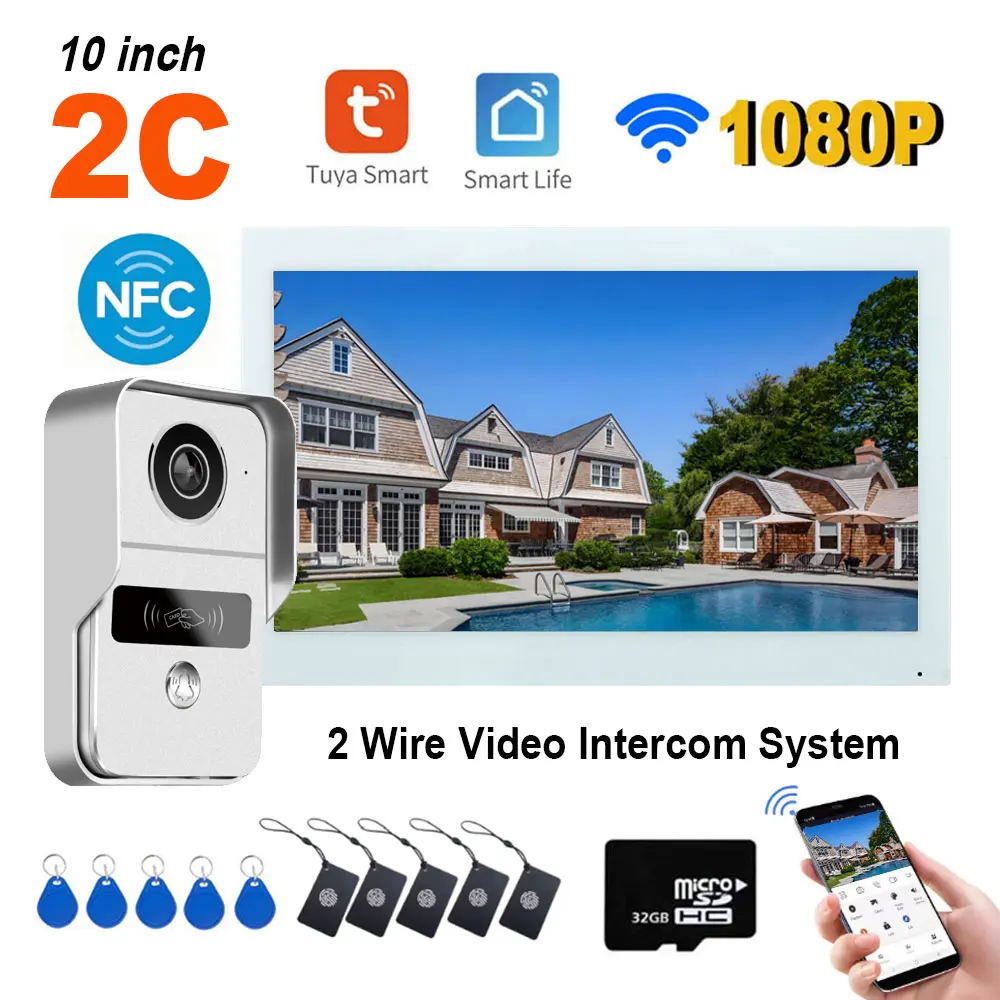 New 2 Wire Digital Video Intercom System 10Inch Wireless WIFI Monitor 1080P Doorphone Camera Video Doorbell Card Tuya App Unlock