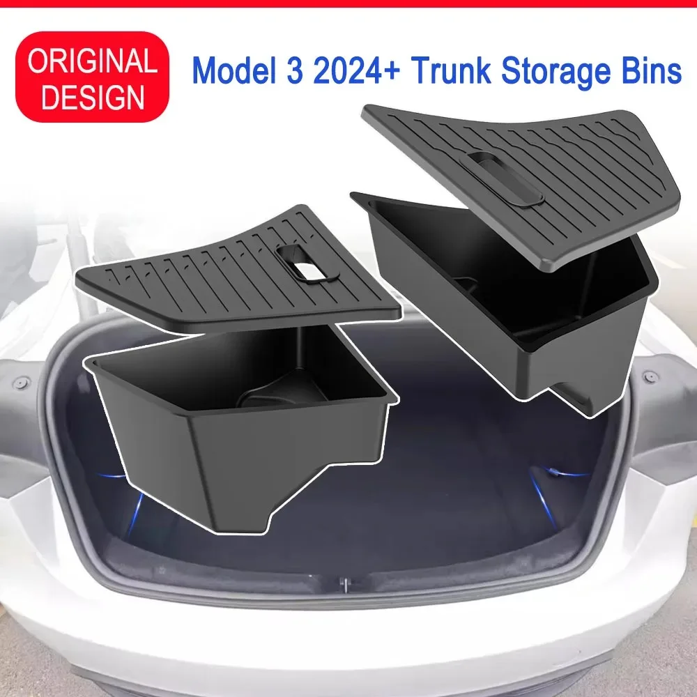 For Tesla Model 3 Highland Trunk Storage Bins Rear Trunk Organizer Waterproof Trunk Side Box with Carpeted TPE Lids Accessories
