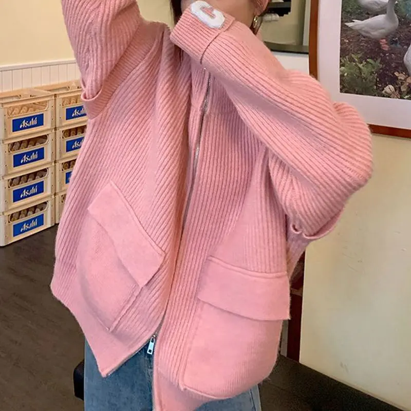 Korean Solid Color Loose Knitted Cardigan Female Clothing Letter Casual Autumn Winter Turtleneck Basic Fashion Zipper Sweaters