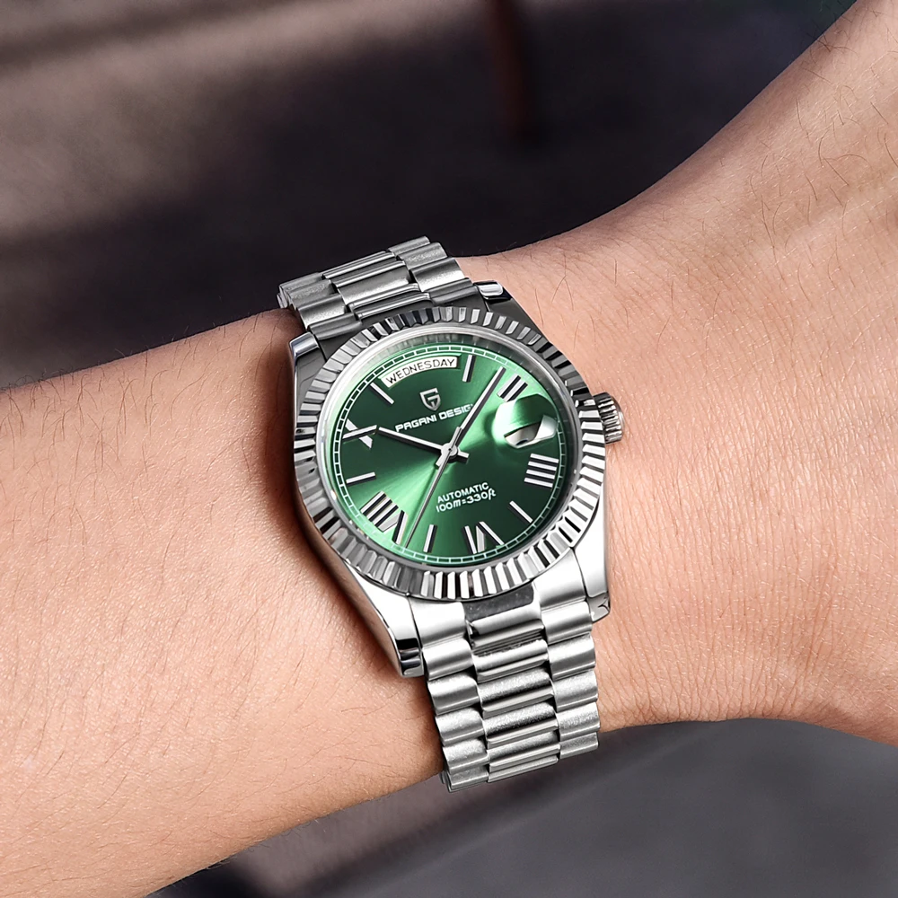 PAGANI DESIGN Silver Green Gradient Mechanical Watch For Men Luxury Sapphire Crystal Waterproof 100m Stainless Steel  Date Clock